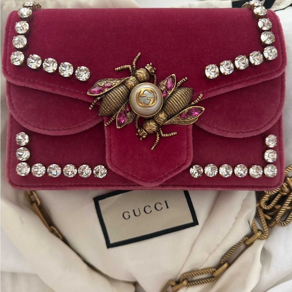 Gucci Fuchsia Velvet Broadway Bag with Crystal and Gold Bee Detail * SALE TODAY*